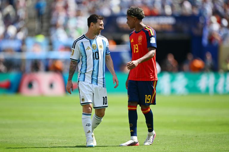 EAST RUTHERFORD, NEW JERSEY - JULY 19: Lionel Messi #10 of Argentina interacts with Lamine Yamal #19 of Spain during the FIFA World Cup 2026 Final match between Spain and Argentina at New York New Jersey Stadium on July 19, 2026 in East Rutherford, New Jersey. (Photo by Hannah Peters - FIFA/FIFA via Getty Images)